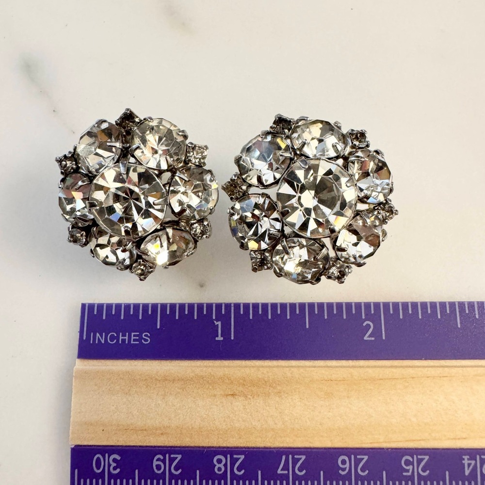 Vintage Round Diamante Rhinestone Statement Earrings Cluster Glam Sparkly Glitz - Picture 11 of 11